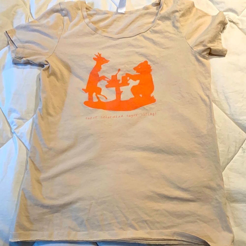 Alternative earth T shirt with bear and deer having tea, made in Peru, medium